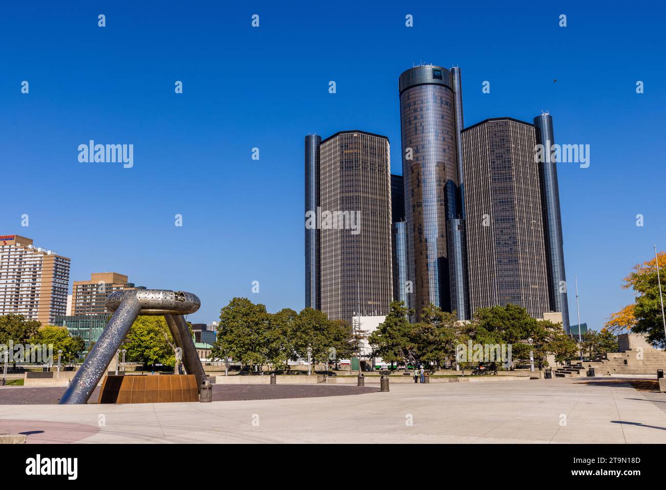 Renaissance Center on the Detroit River in downtown Detroit. Built by ...