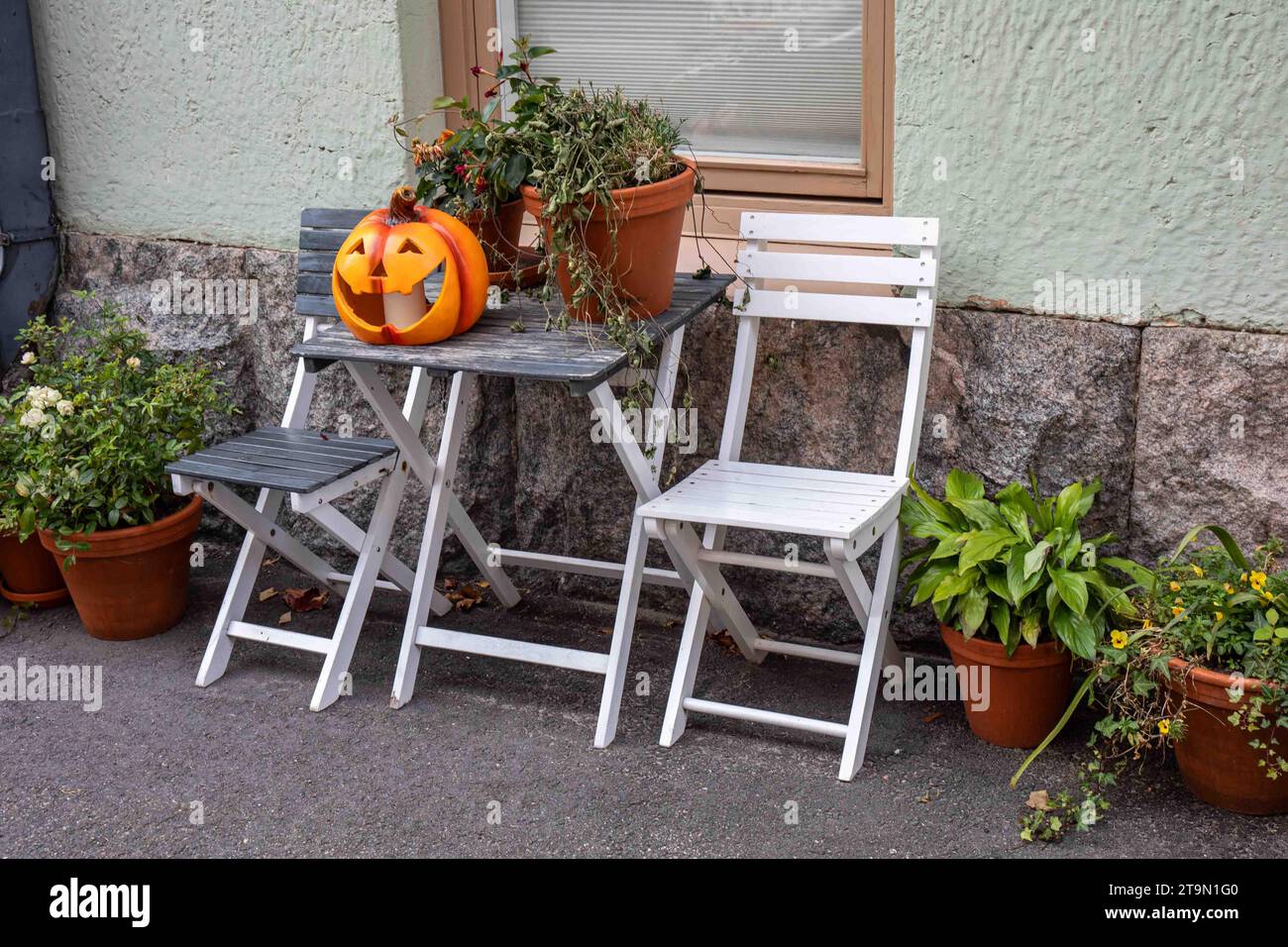 Halloween decoration on Huvilakatu in Ullanlinna district of Helsinki, Finland Stock Photo