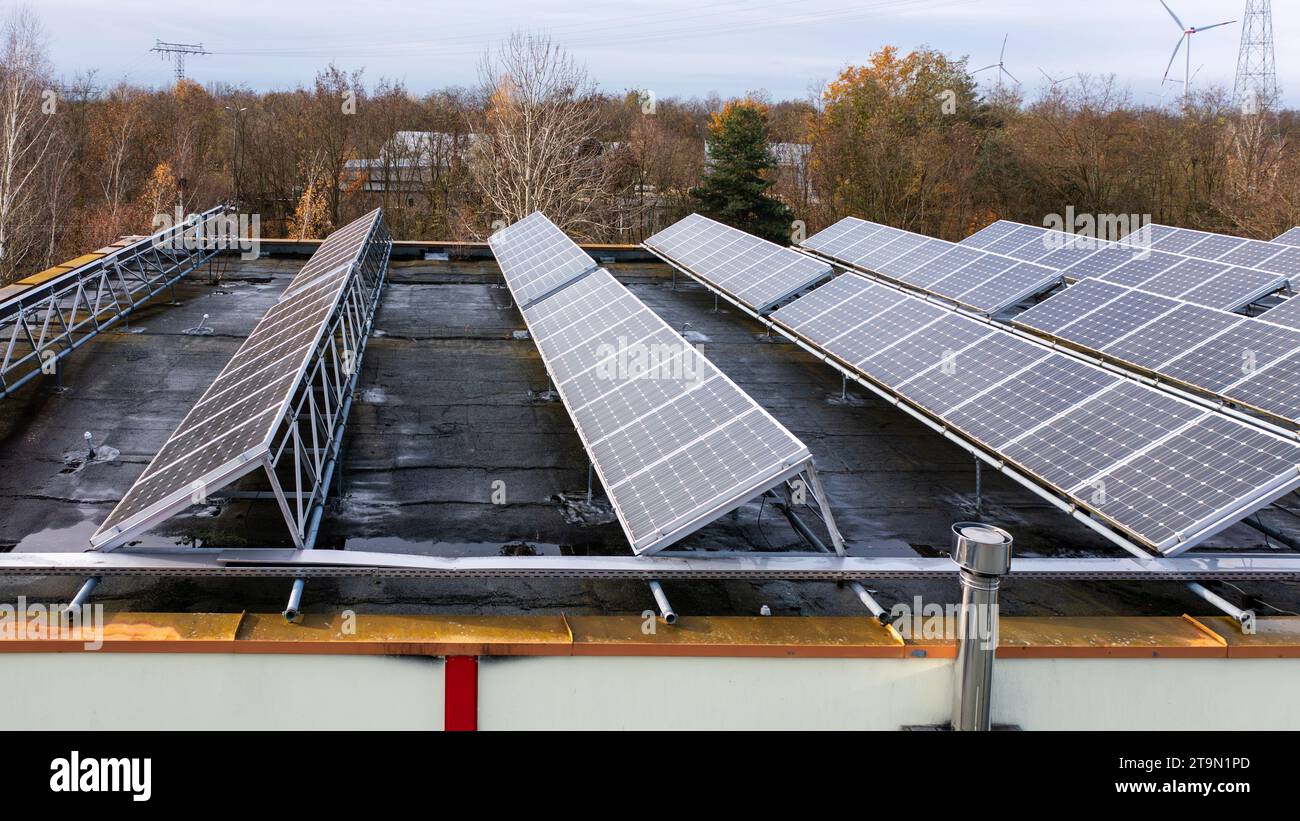 A solar system was installed on a flat roof Stock Photo