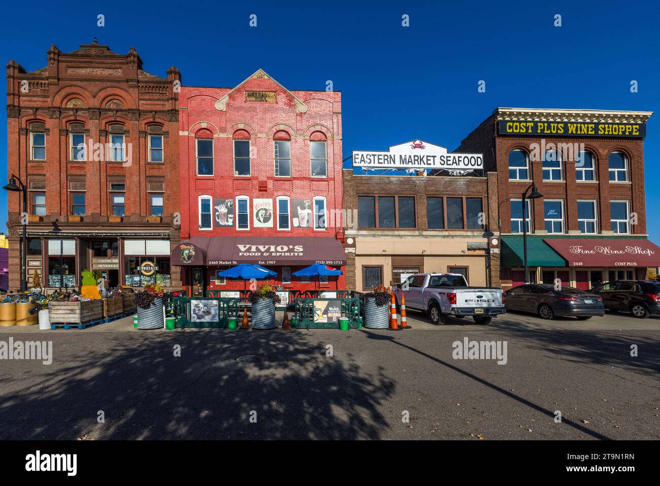 Row of houses at Eastern Market Detroit. The largest open-air farmers' market in Michigan was founded in 1841 and moved to its current location in 1891. Food Eastern Market in Detroit, United States Stock Photo