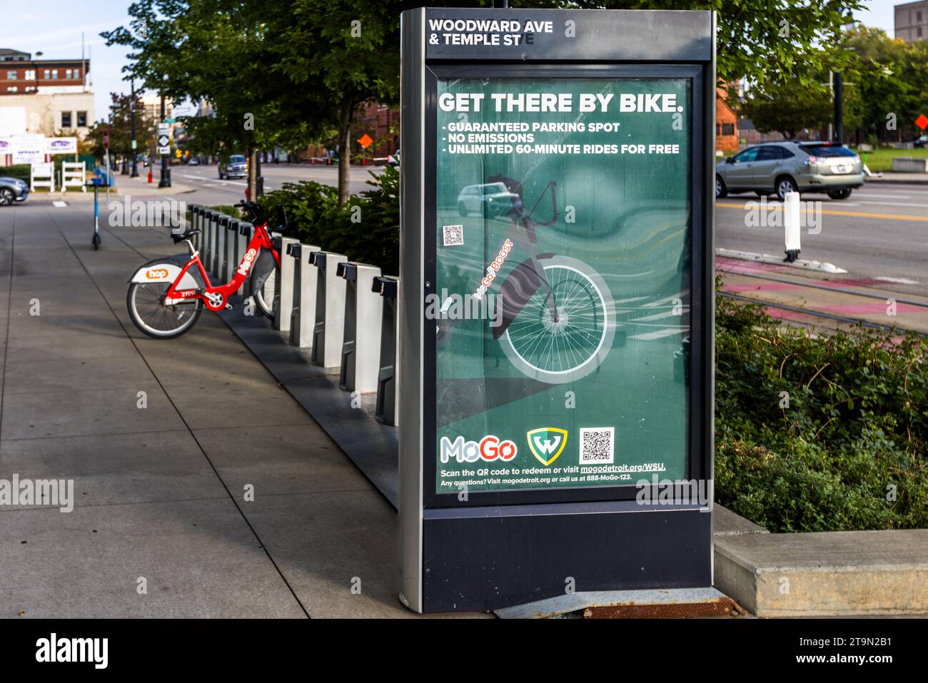 Motown by Mobike. Rental bikes on Woodward Avenue. Downtown Detroit is easy to explore by bike. The streets are wide and car traffic is light. QR code-enabled rental station for bicycles in Detroit, United States Stock Photo