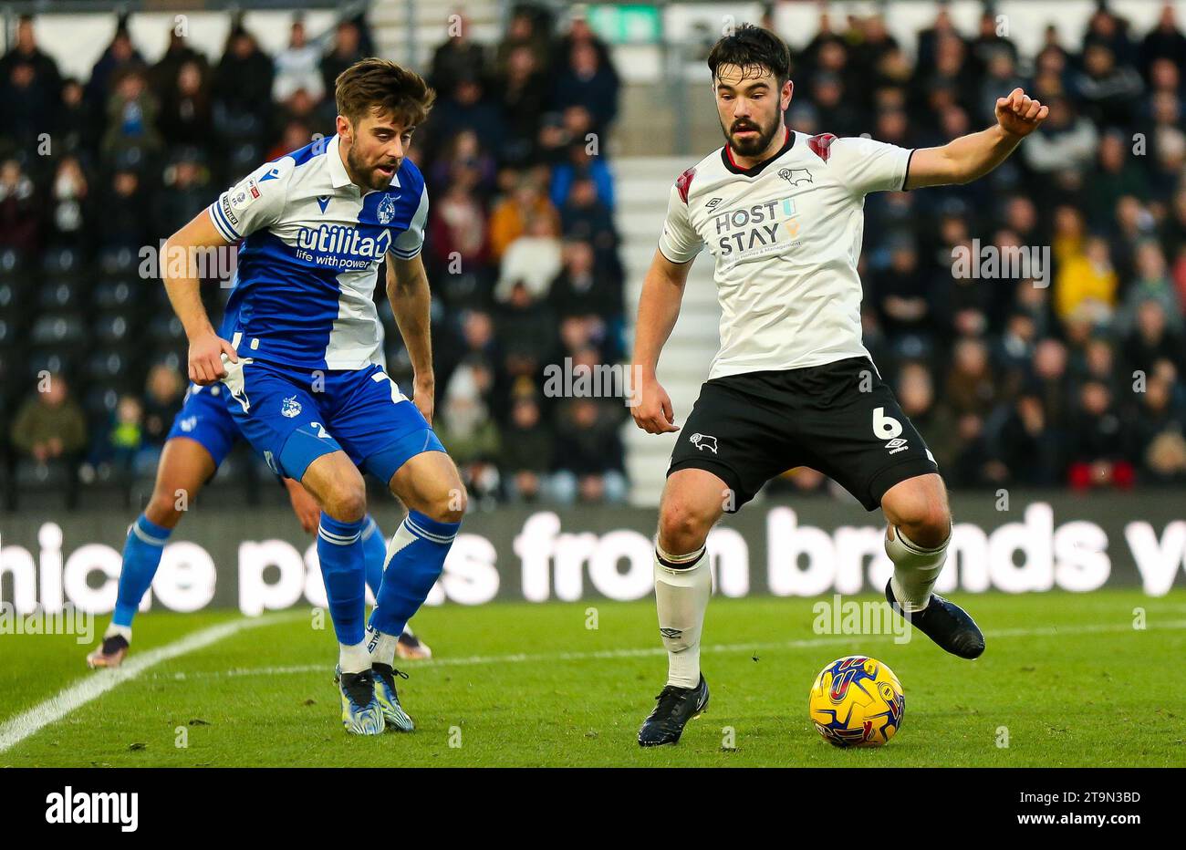 Derby County's Eiran Cashin (right) and Bristol Rovers' Anthony Evans in action during the Sky Bet League One match at Pride Park, Derby. Picture date: Saturday November 25, 2023. Stock Photo