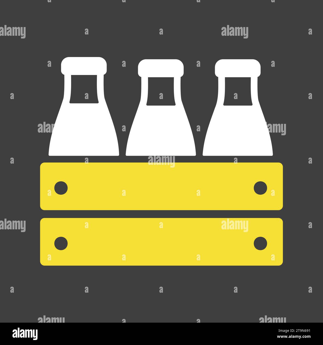 Milk wooden box. Milk bottles crate vector on dark background icon. Dairy product sign. Graph symbol for cooking web site and apps design, logo, app, Stock Vector