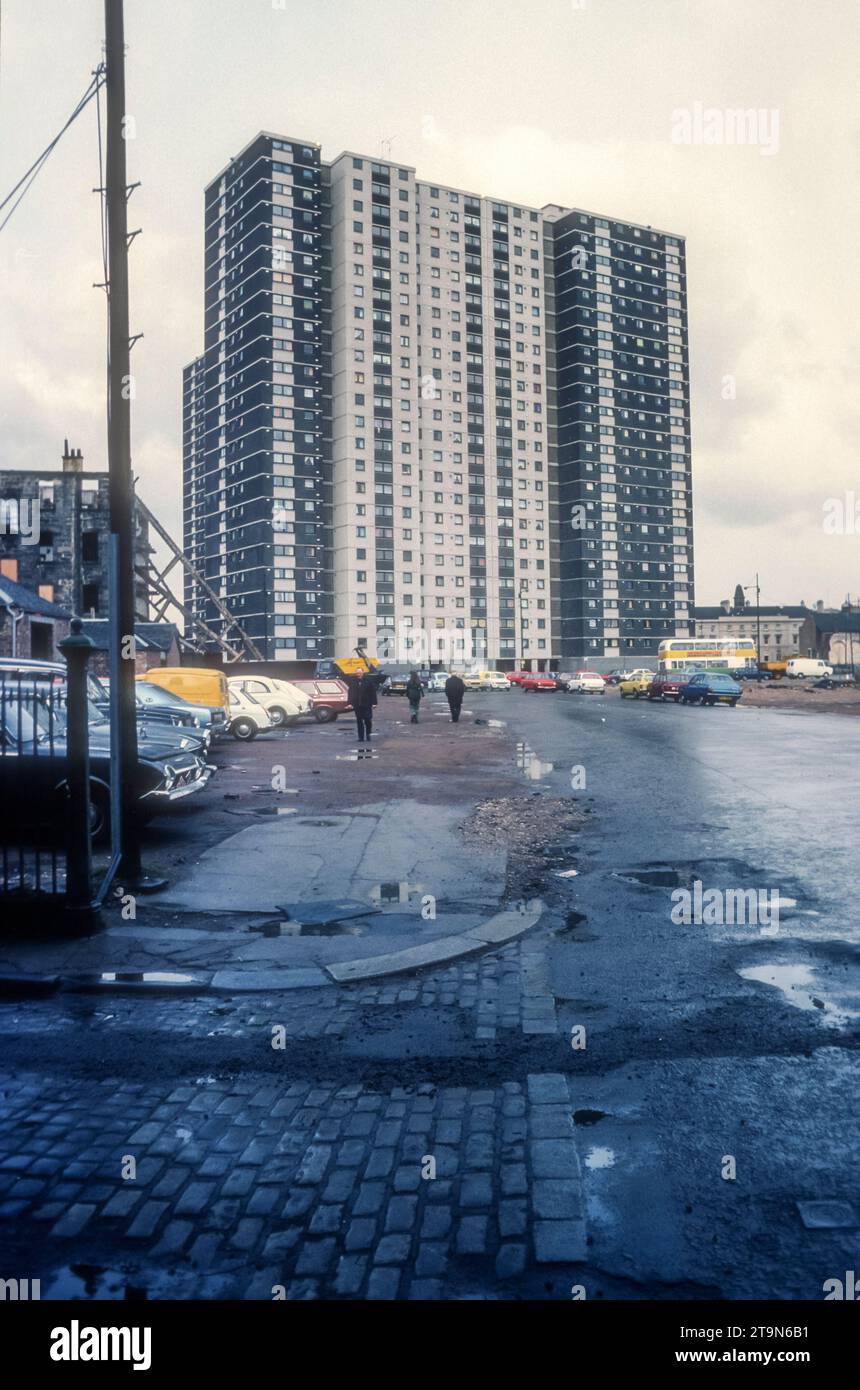 Norfolk Court in the Lauriston Gorbals area of Glasgow was completed in 1973 as part of the new development in the Gorbals Comprehensive Development Area.  The intention was to demolish the slum tenements and replace them with modern high-density housing estates made up of high and low rise flats.  Norfolk Court was demolished in its turn on 8 May 2016 to allow redevelopment of the area. Stock Photo