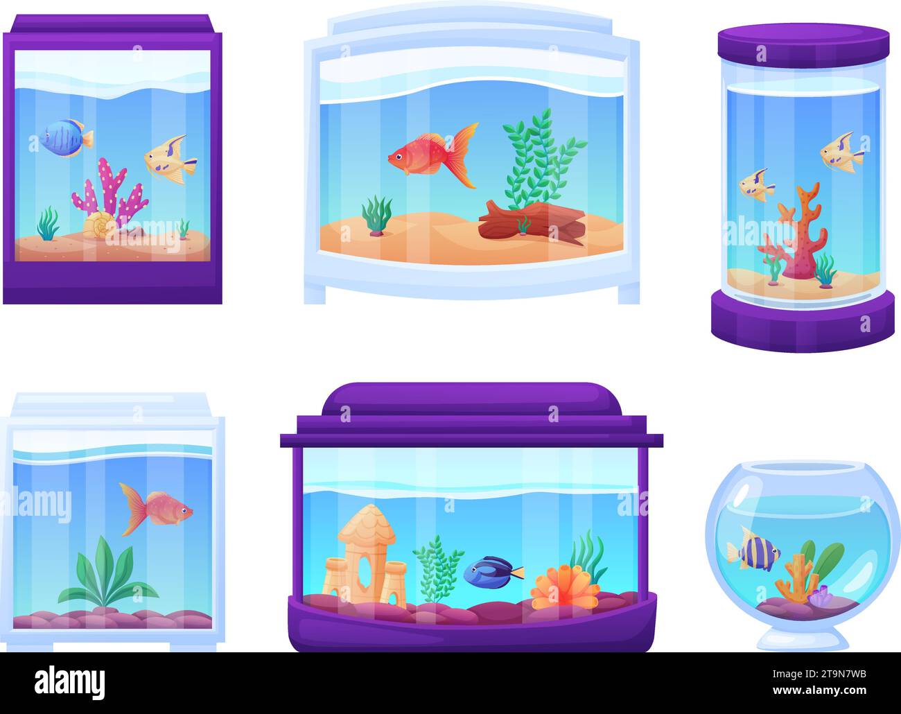 Cartoon glass aquariums. Isolated aquarium with exotic tropical fish and underwater plants, shells and wood. Home or cafe decoration, nowaday vector Stock Vector