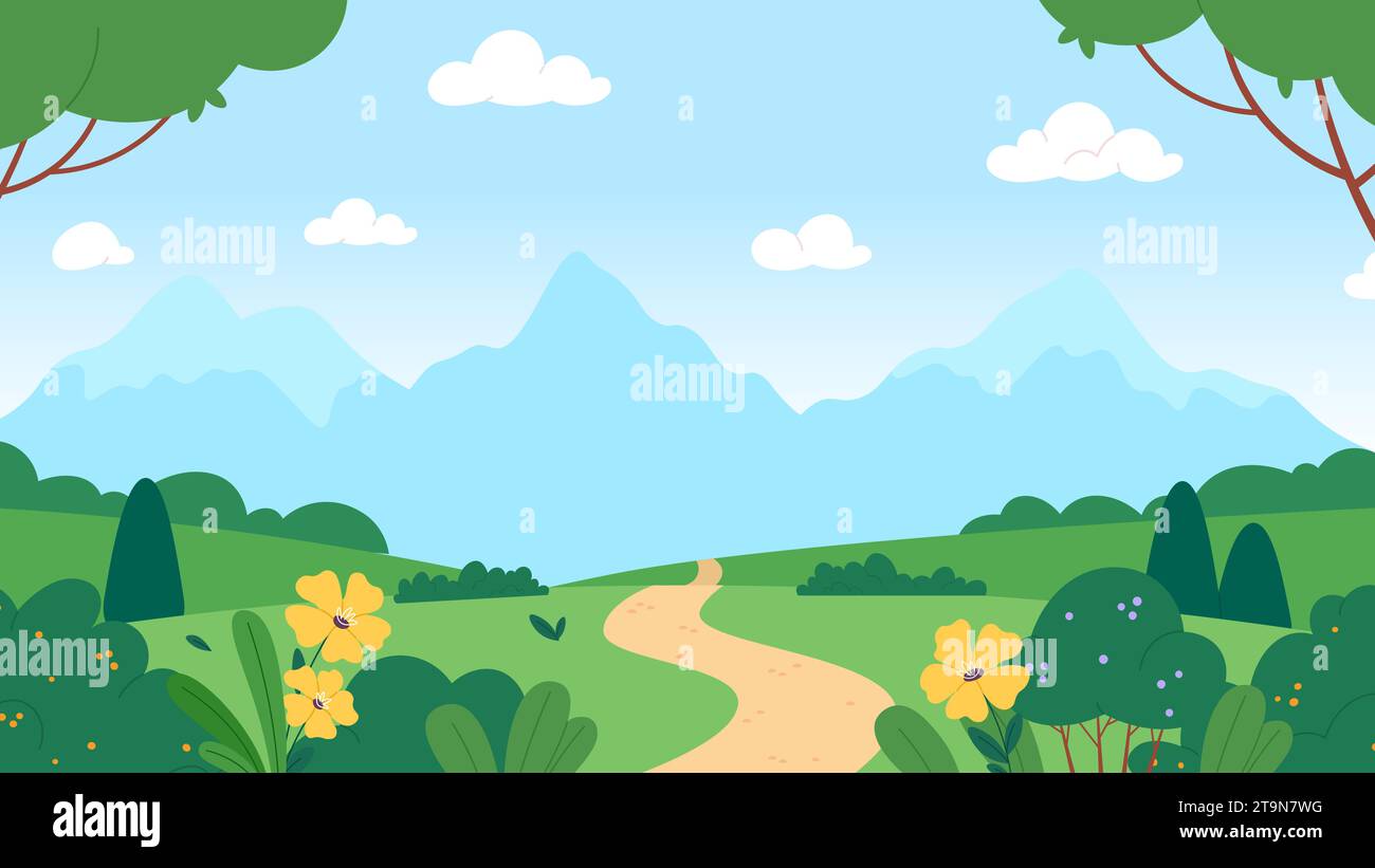 Spring seasonal cartoon flat landscape. Summer mood, green valley ...