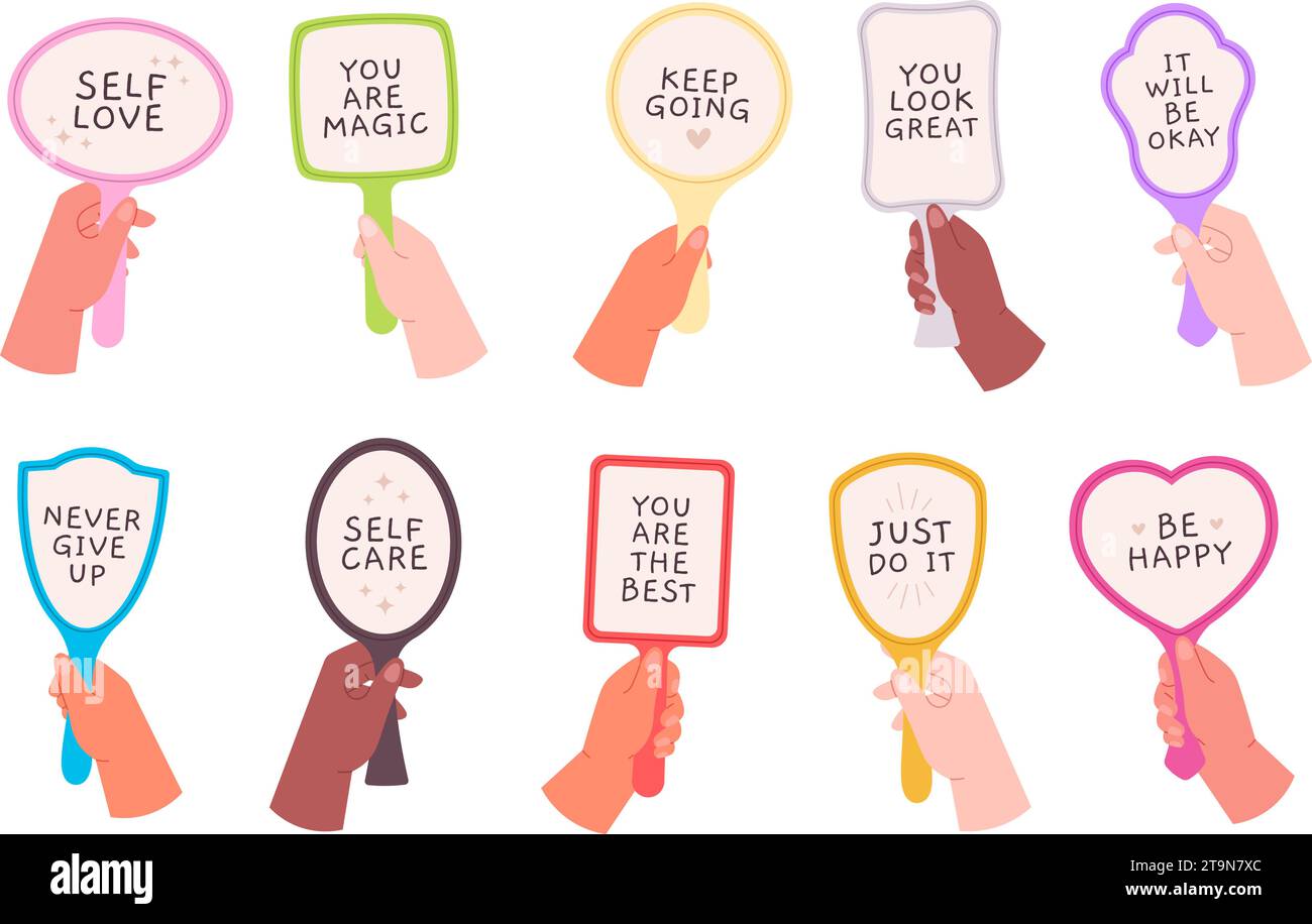 Mirror of support in people hands. Motivation, self love and