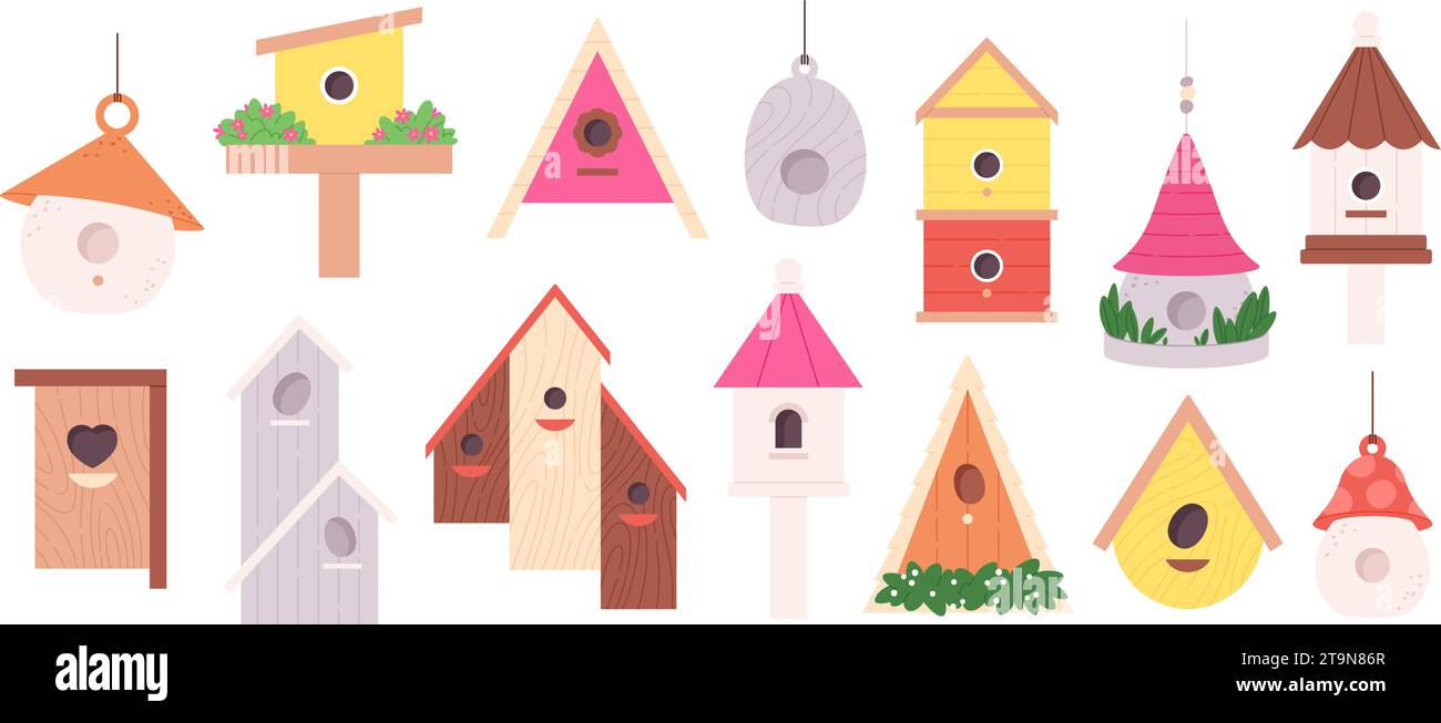 Wooden bird houses. Handmade birdhouse cartoon elements. Feeders crafted for various birds. Children craft, homes for wild animals racy vector icons Stock Vector