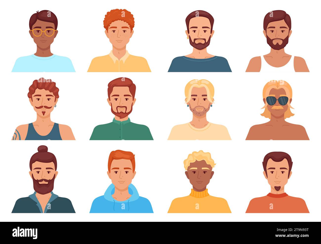 Male avatars with different hairstyles. Men portraits. Short and long haircuts. Human head. Blondes, brown haired and brunettes. Barbershop models Stock Vector