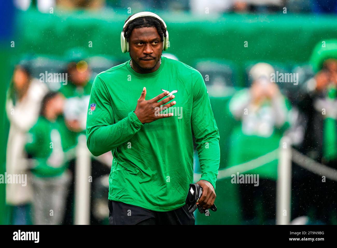 Philadelphia Eagles wide receiver A.J. Brown watches during warm ups