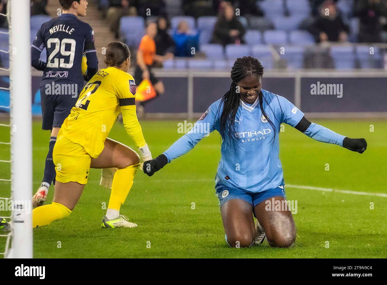 Manchester on Saturday 25th November 2023.Khadija Shaw #21 of Manchester City celebrates her goal during the Barclays FA Women's Super League match between Manchester City and Tottenham Hotspur at the Joie Stadium, Manchester on Saturday 25th November 2023. (Photo: Mike Morese | MI News) Credit: MI News & Sport /Alamy Live News Stock Photo