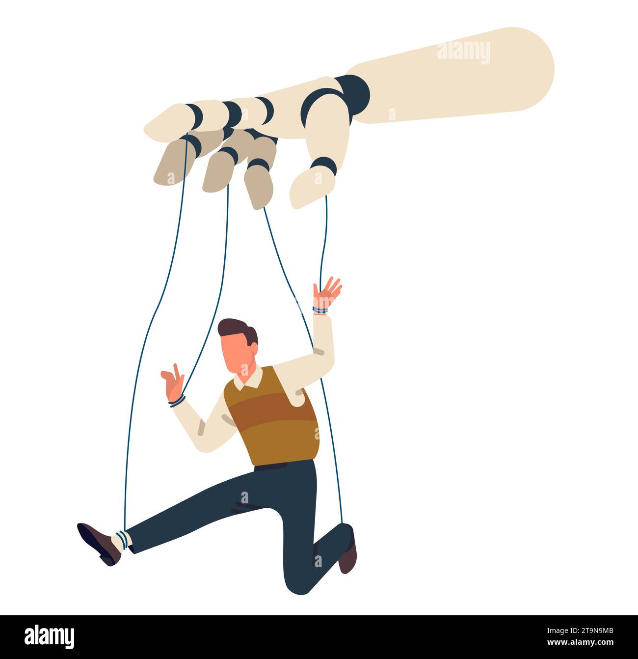 Robot puppeteer controlling man. victim on threads. Robotic