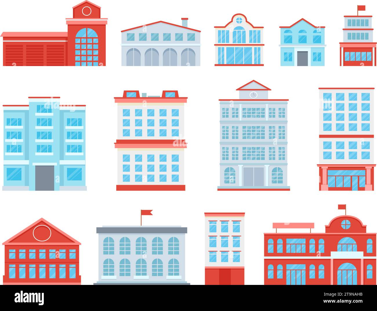 Flat public buildings of city center. Government building and hospital, school and university. Fire station and police department, decent vector Stock Vector