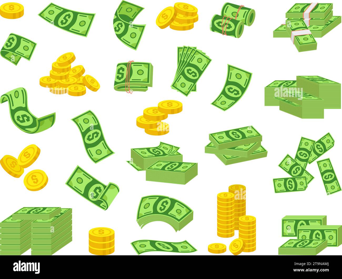 Isolated cartoon money coins and banknotes. Dollars pile and stack, fan and flying. Dollar bill collection, banking and investment neoteric vector set Stock Vector