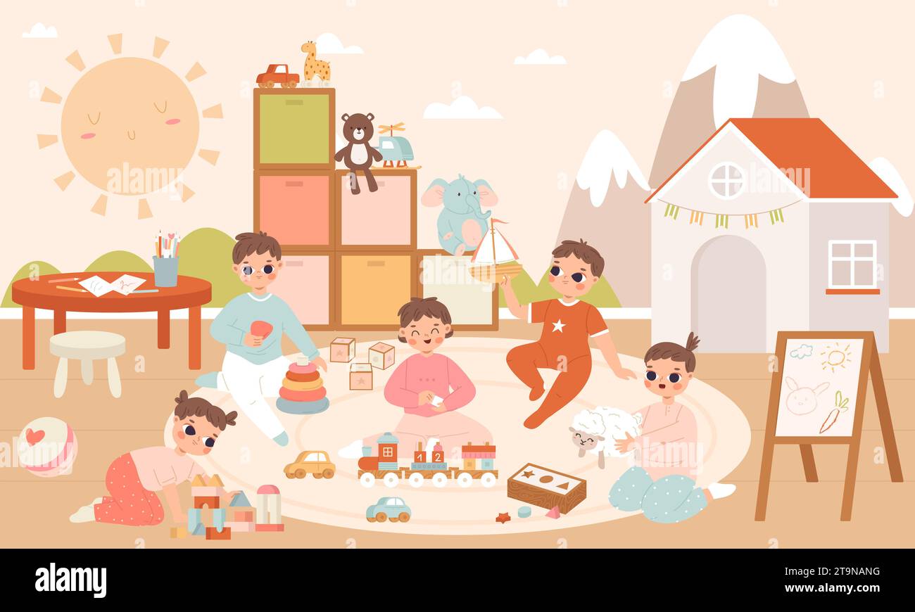 Baby in playroom. Kindergarten or mall or restaurant room for children. Toddlers playing in toys