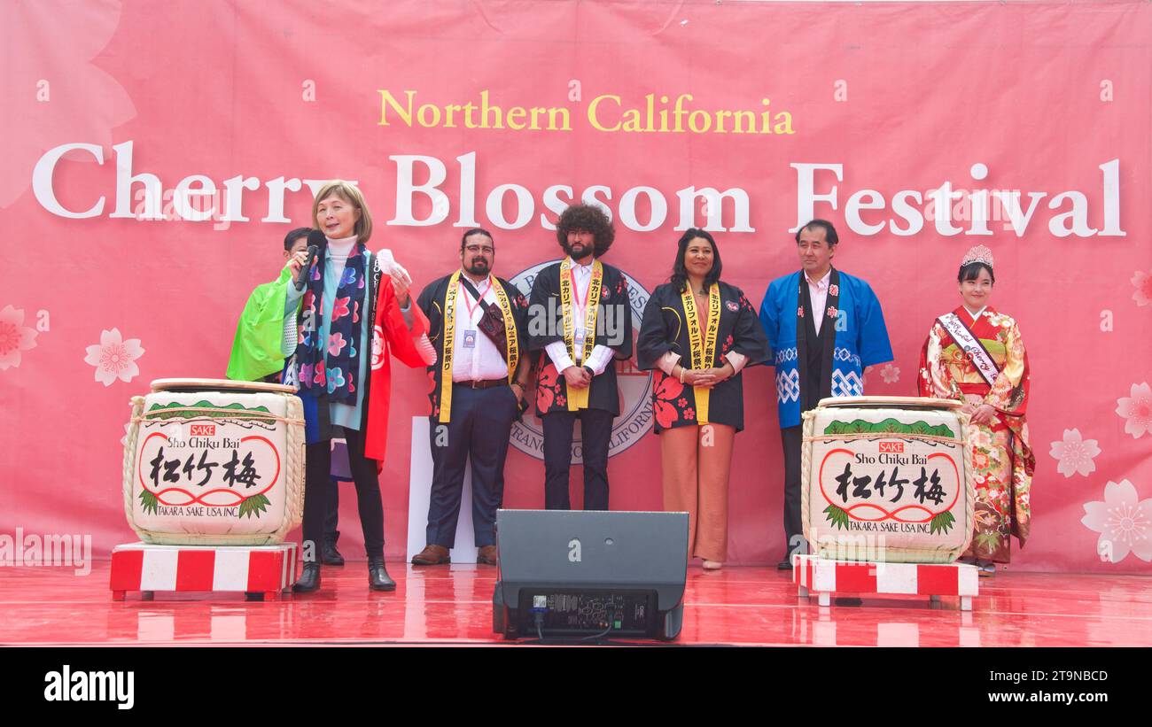 San Francisco, CA - April 8, 2023: Mayor London Breed at the Cherry Blossom Festival participating in Opening Ceremony. One of the 10 best Cherry Blos Stock Photo