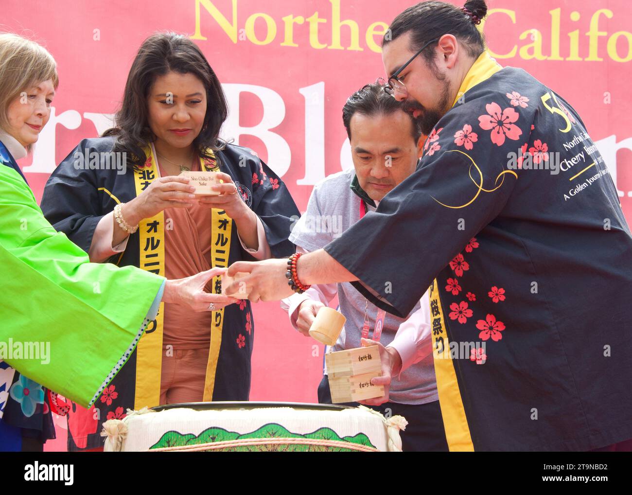 San Francisco, CA - April 8, 2023: Mayor London Breed at the Cherry Blossom Festival opening ceremony. One of the 10 best Cherry Blossom Festivals in Stock Photo