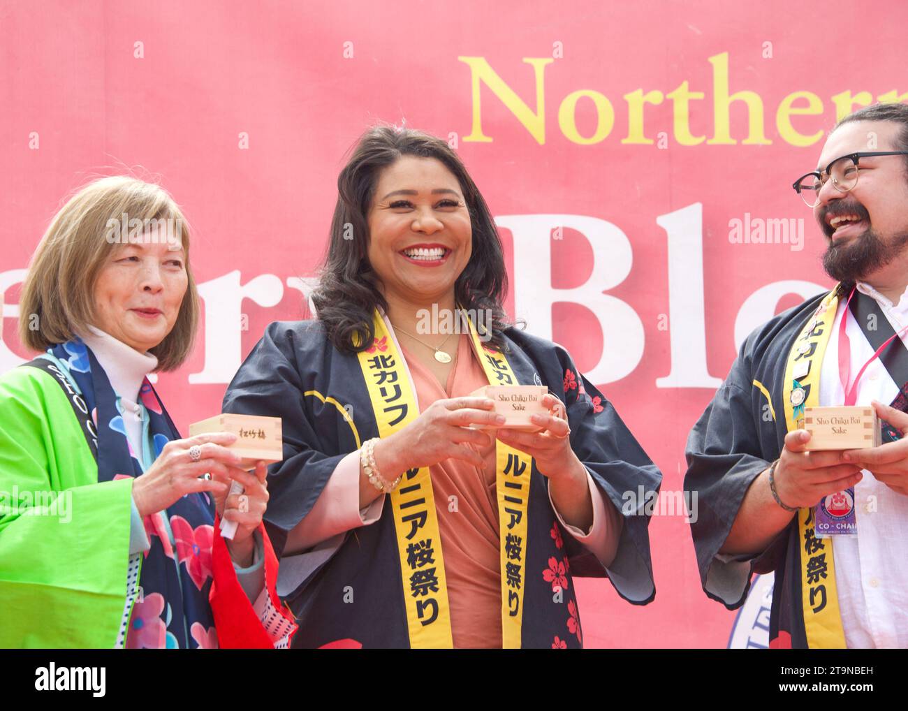 San Francisco, CA - April 8, 2023: Mayor London Breed at the Cherry Blossom Festival opening ceremony. One of the 10 best Cherry Blossom Festivals in Stock Photo