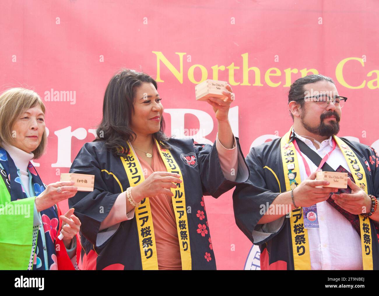 San Francisco, CA - April 8, 2023: Mayor London Breed at the Cherry Blossom Festival opening ceremony. One of the 10 best Cherry Blossom Festivals in Stock Photo