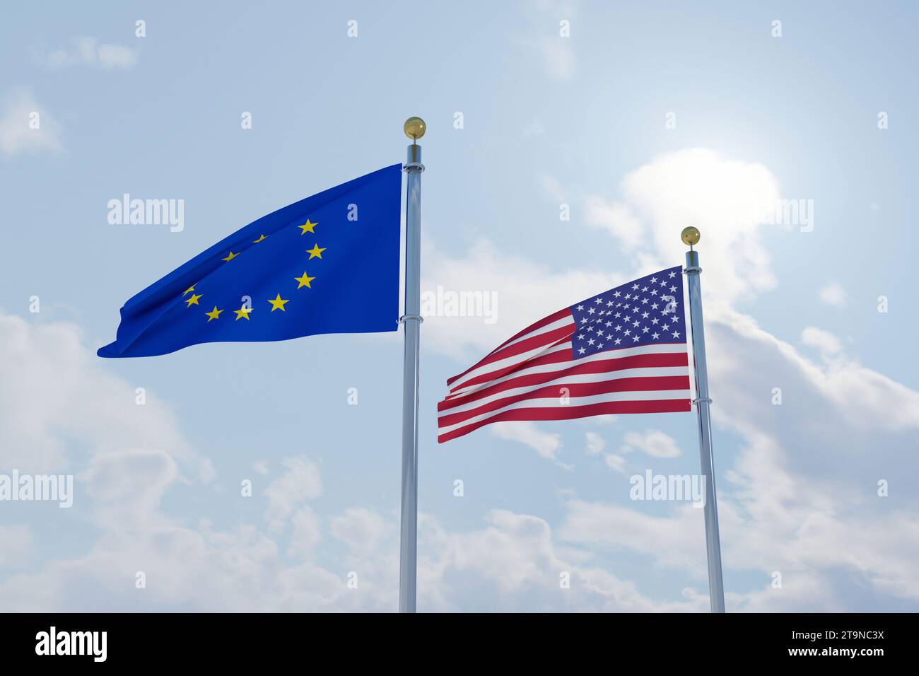 The flag of the European Union with the flag of the United States of America, commercial and political relations between Europe and America Stock Photo