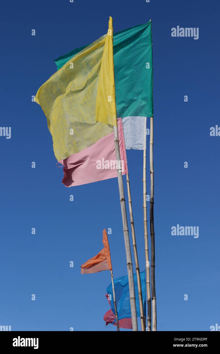 Colorful flags with bamboo stalks, hoisted outdoors, moving with the wind, on a sunny day with blue sky, in Gamboa Beach, Cairu, Bahia, Brazil. Stock Photo