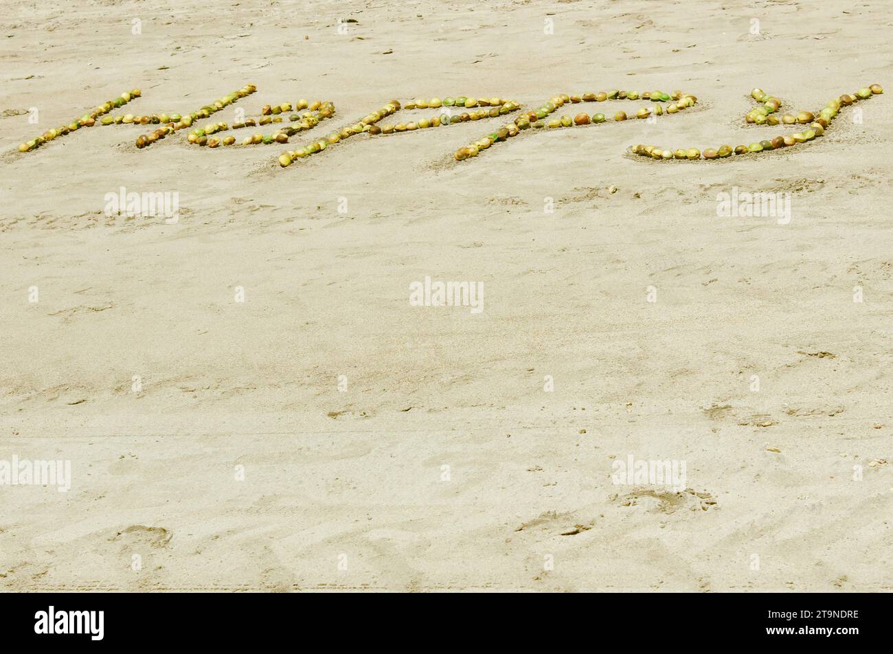 The word happy written with regional tropical fruits on the beach sand, to greet and inspire tourists visiting Vila Morro de São Paulo, Bahia, Brazil. Stock Photo