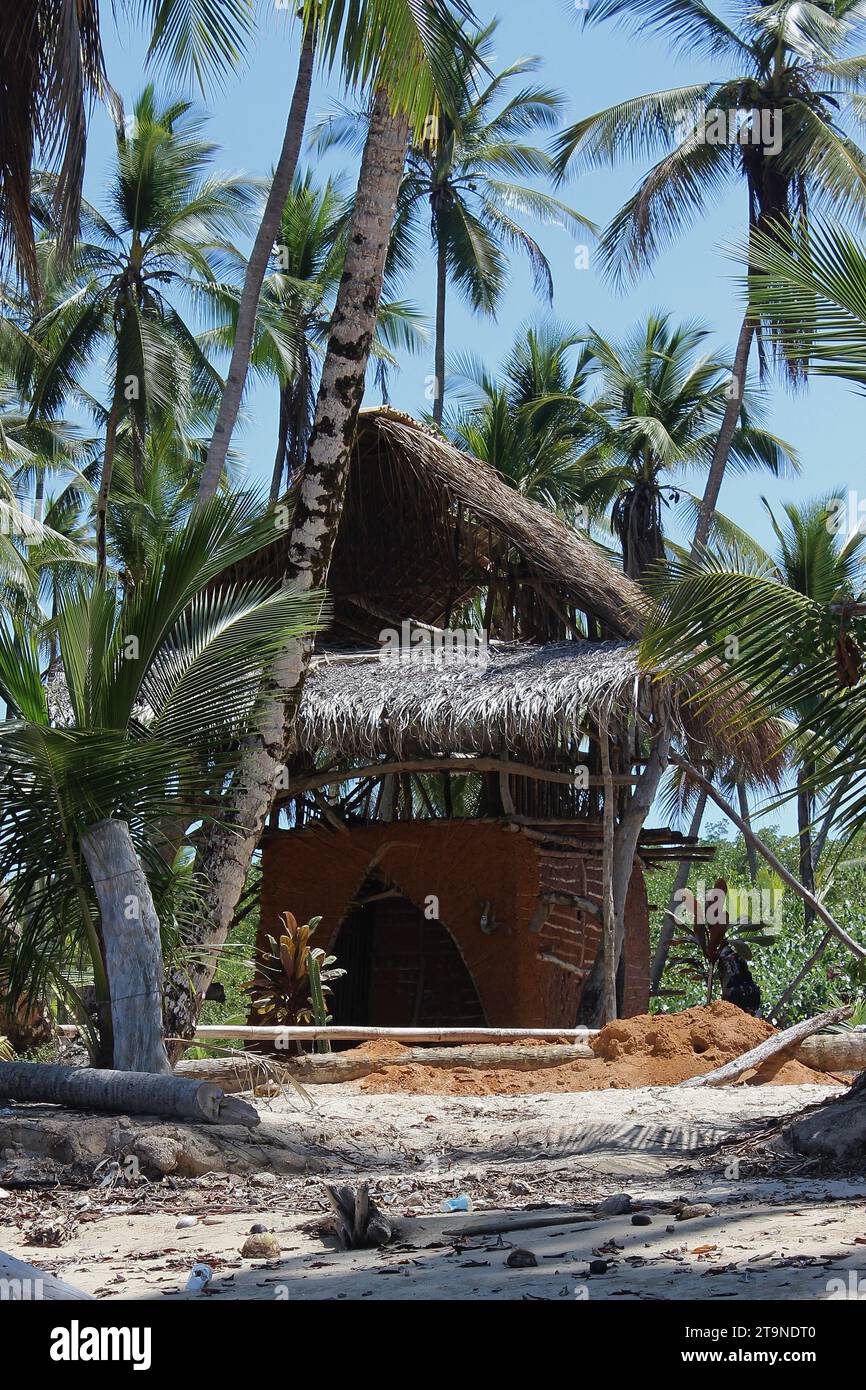 Wattle and daub hut on the beach, with mud walls and thatched roof, bioconstruction in a coastal region amid palm trees in Morro de São Paulo. Stock Photo