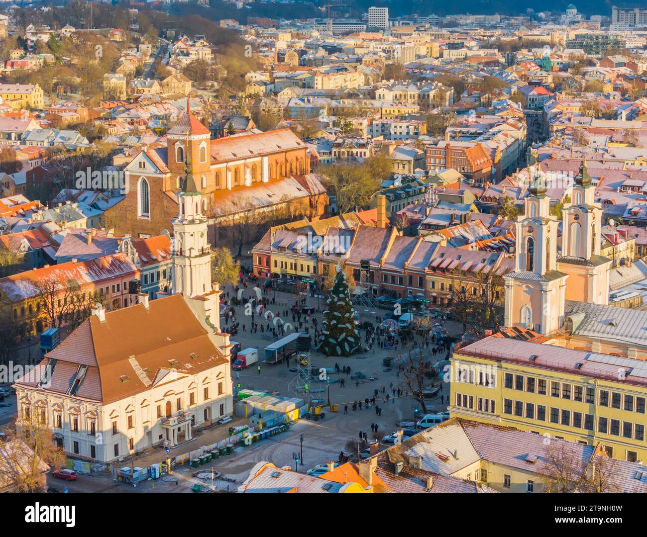 Aerial day time view of a wonderful and cozy Christmas town in Kaunas ...