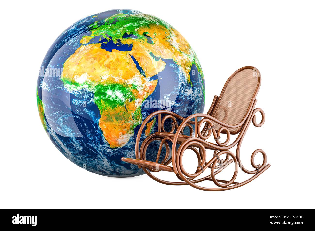 Earth Globe with rocking chair, 3D rendering isolated on white