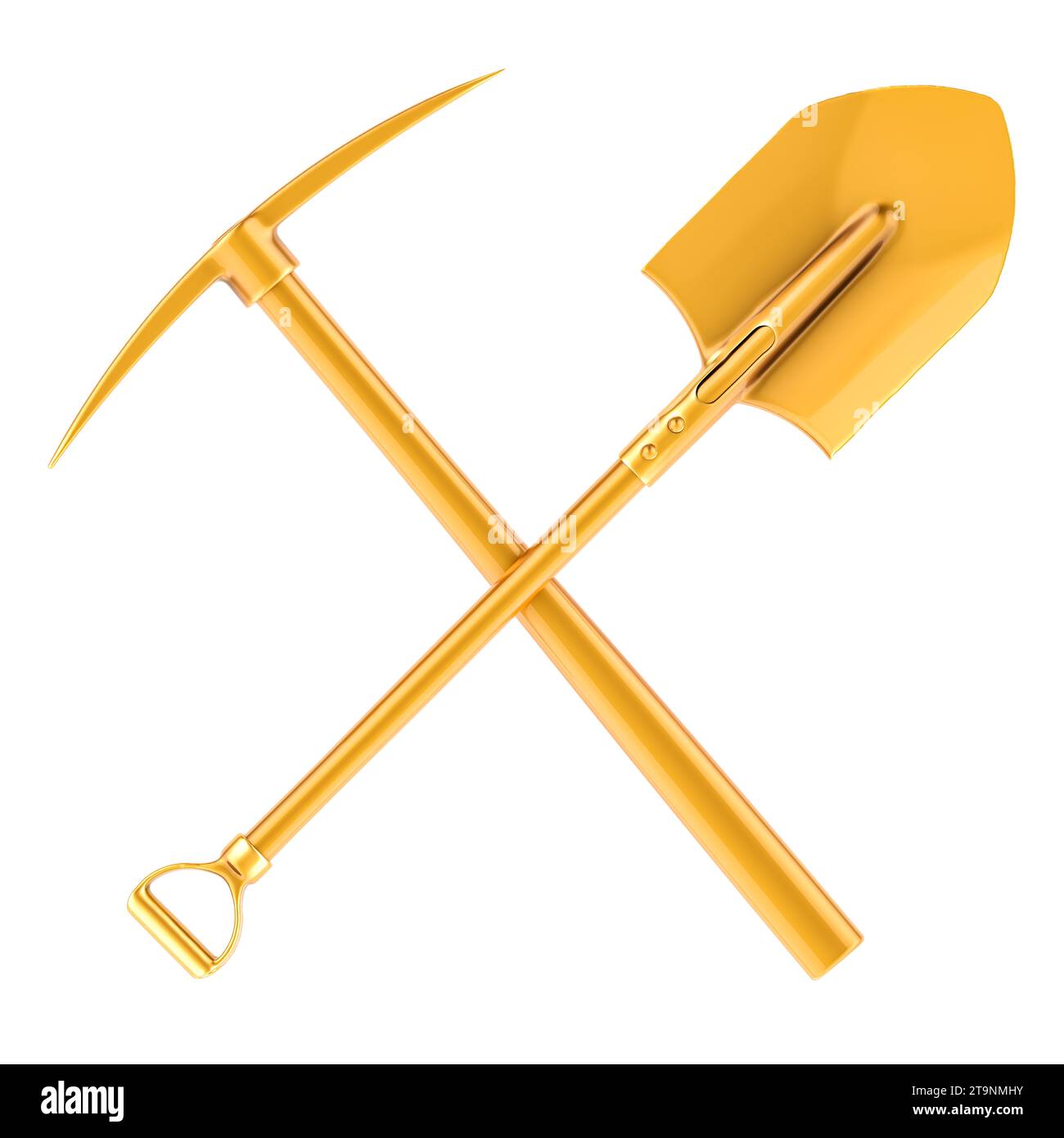 Crossed golden spade and pickaxe , 3D rendering isolated on white