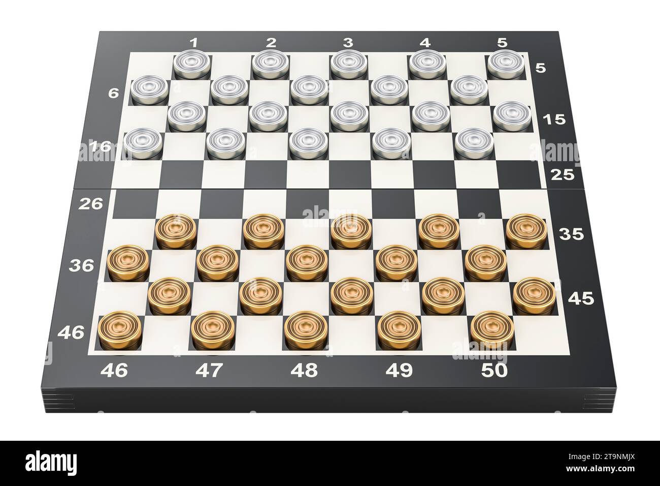 International draughts game board and metallic pieces. 3D rendering isolated on white background