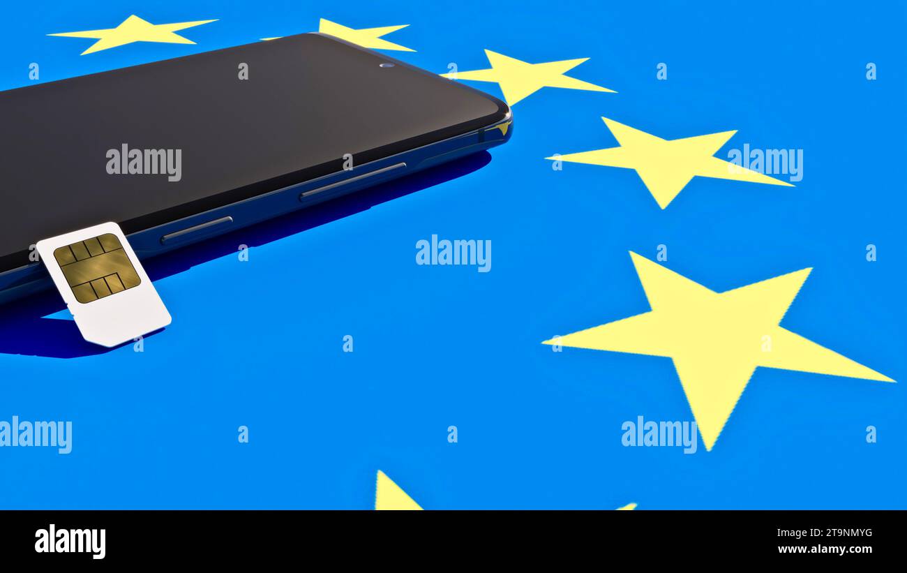 Mobile Phone and sim card, abolition of roaming in the European Union. Europe flag, Copy space. 3d rendering Stock Photo