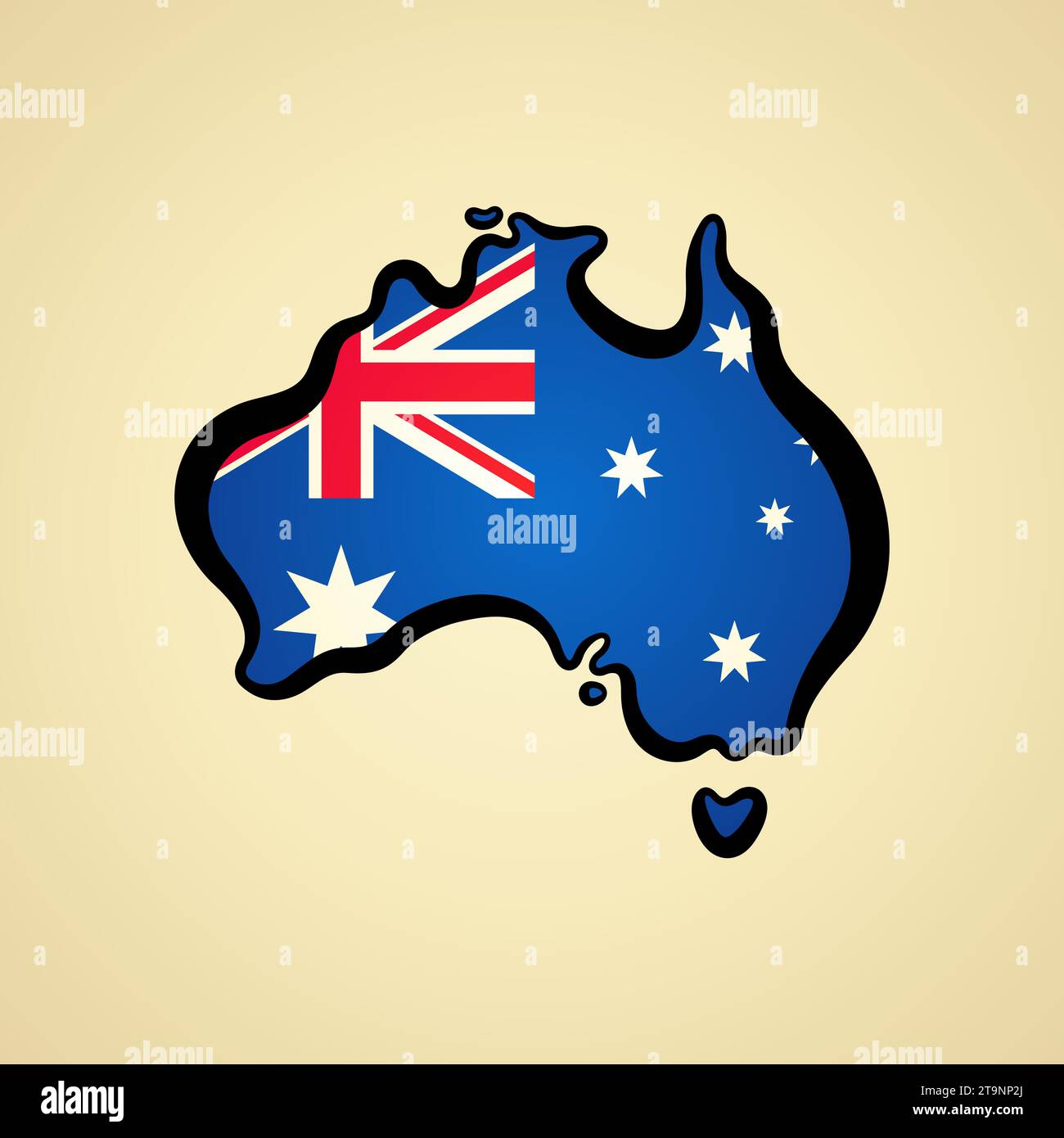 Map of Australia with flag and black outline. Stock Vector