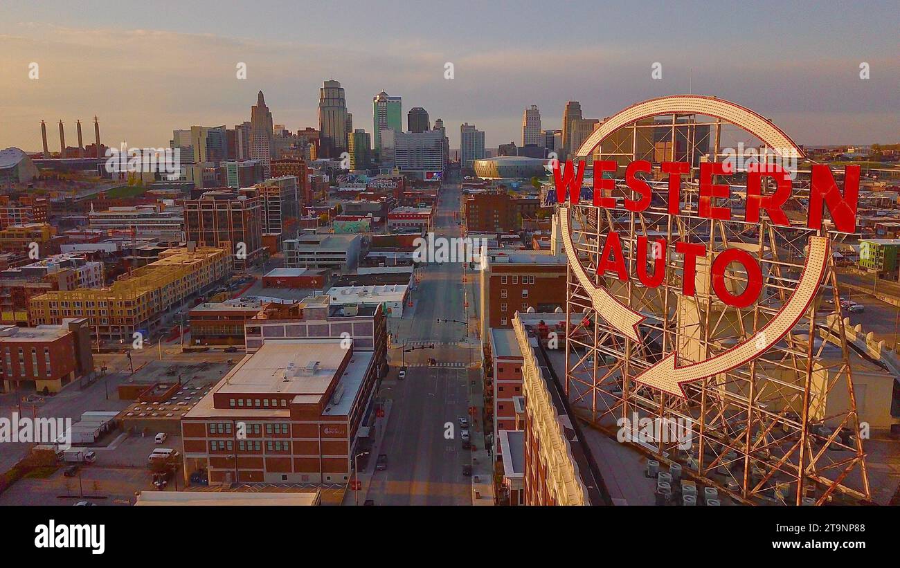 Aerial view of a bustling city skyline with numerous tall buildings and ...