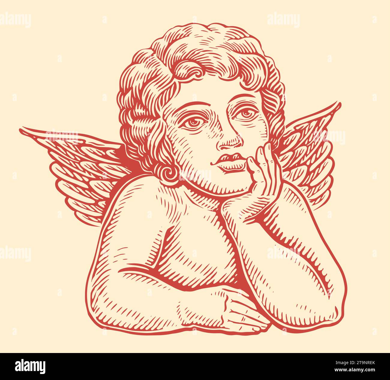 Pensive angel child. Cute baby with wings. Hand drawn sketch vintage vector illustration Stock Vector