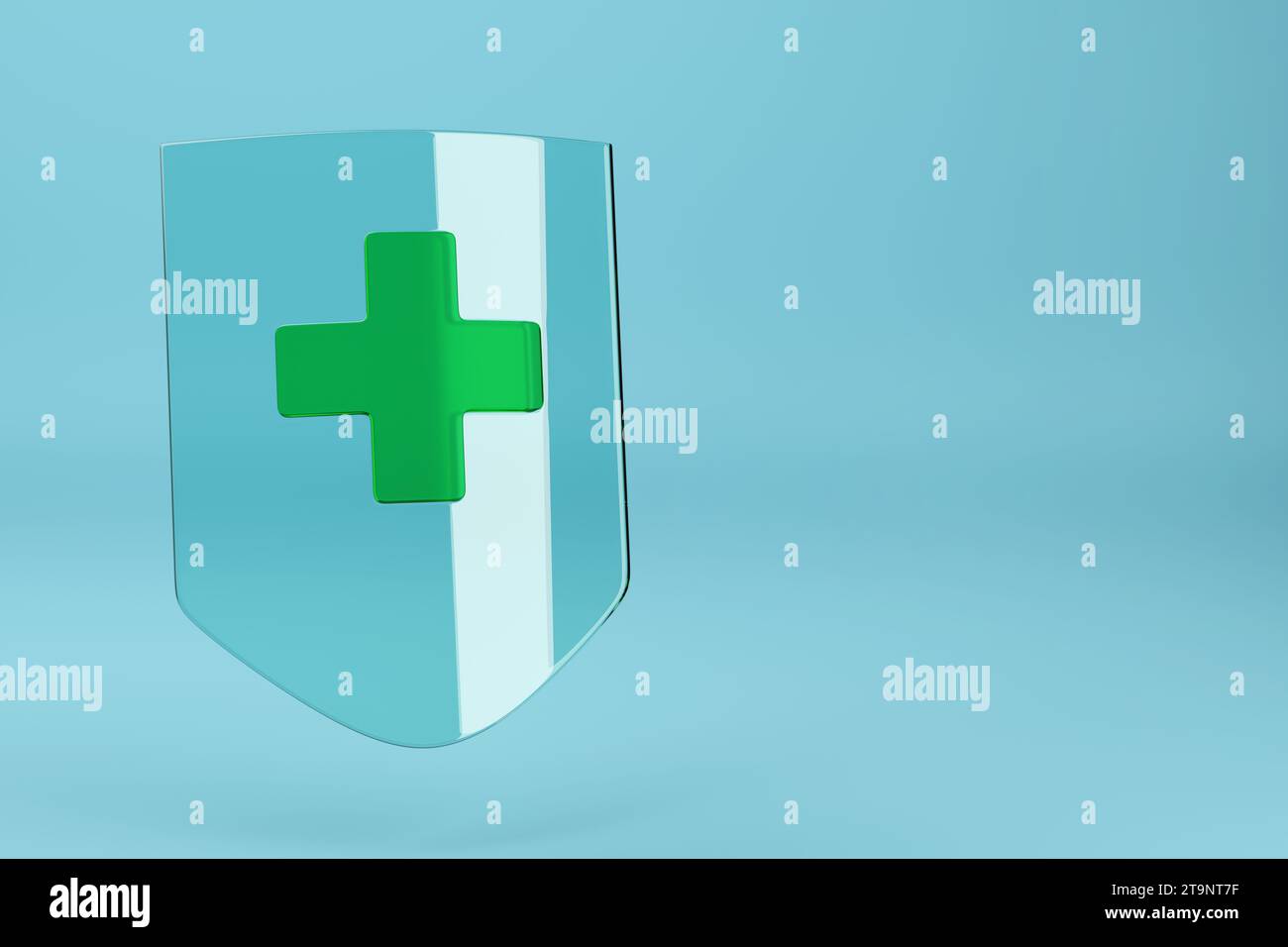 Crystal shield with a green cross isolated on blue background. Medical ...