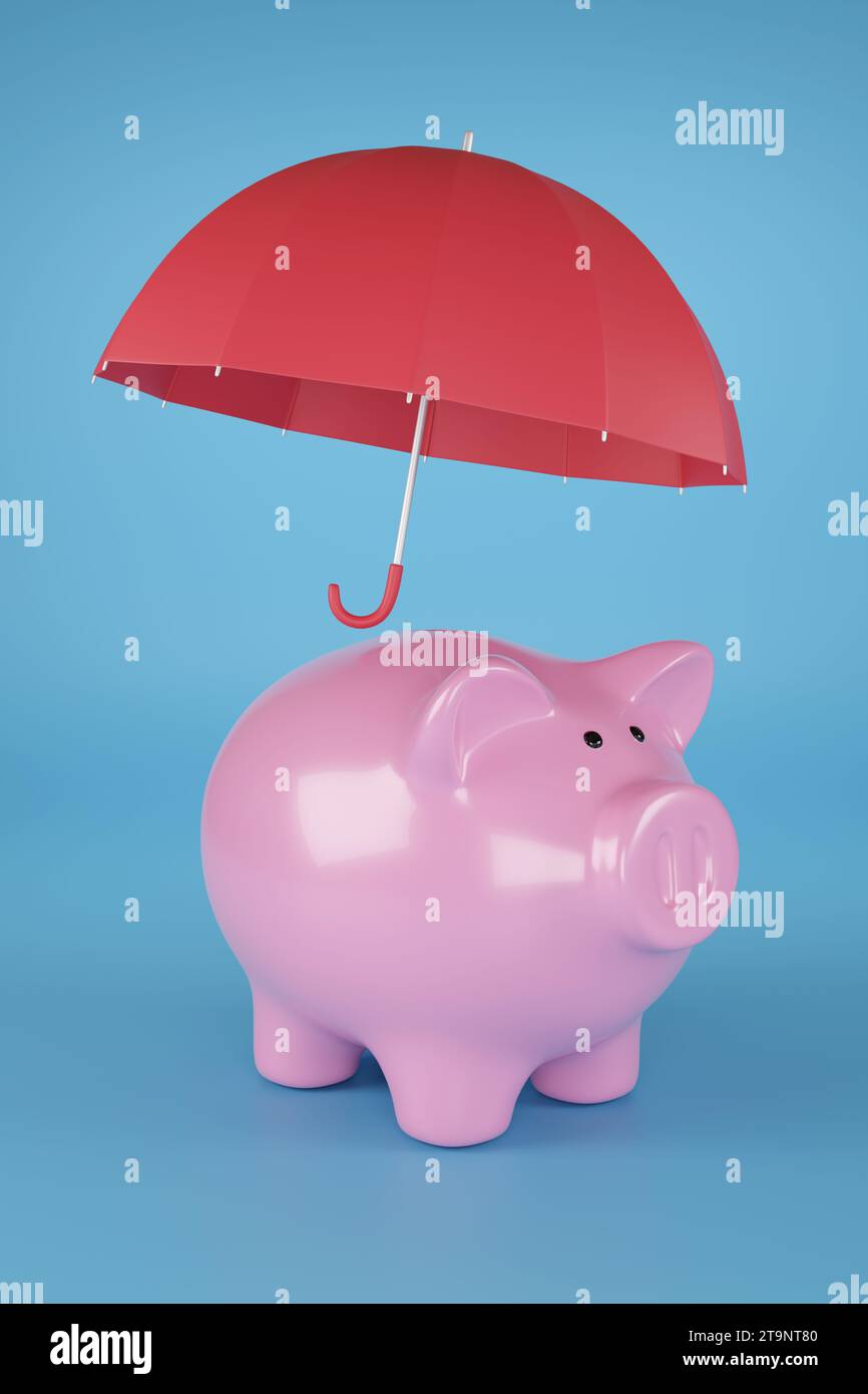 Piggy bank with umbrella isolated on blue background. 3d illustration. Stock Photo