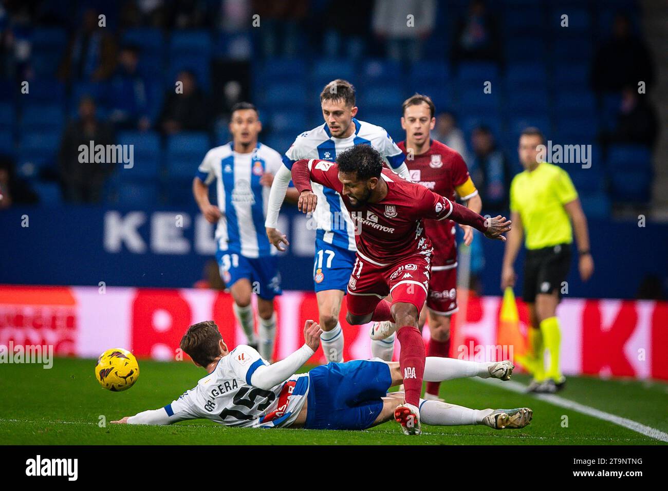 Barcelona, Spain. 26th Nov, 2023. Dyego Sousa (AD Alcorcon) and Gragera (RCD Espanyol) during a La Liga Hypermotion match between RCD Espanyol and AD Alcorcon at Stage Front Stadium, in Barcelona, Spain on November 26, 2023. (Photo/Felipe Mondino) Credit: Independent Photo Agency/Alamy Live News Stock Photo