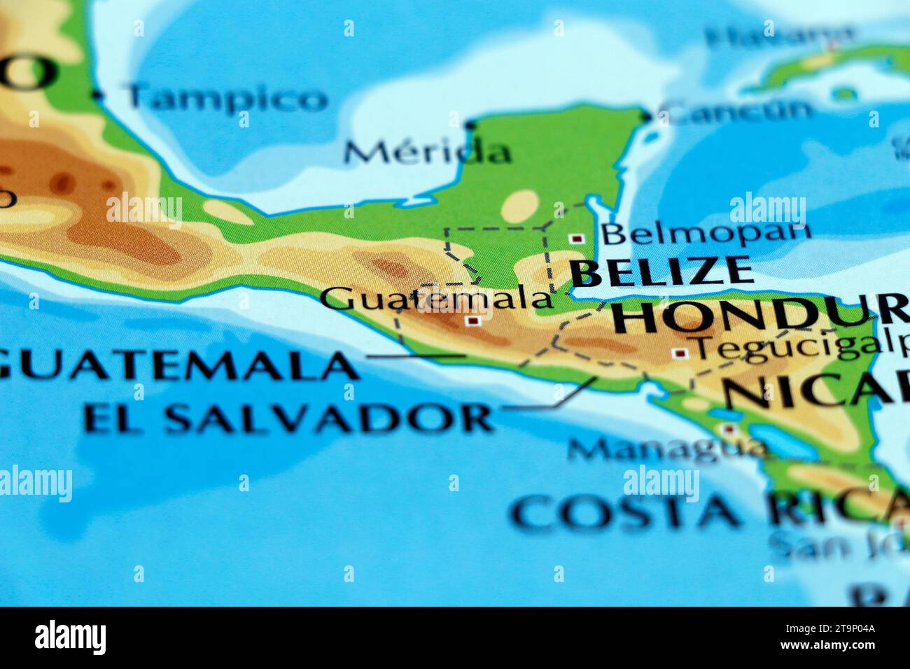 world map of south and north america, with guatemala, belize and honduras in close up Stock Photo