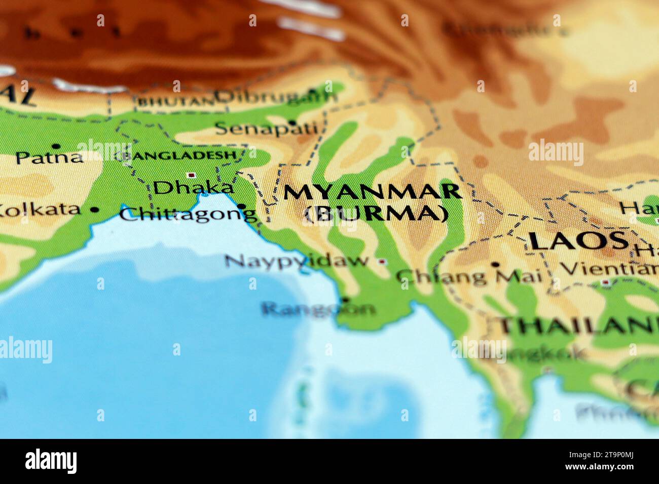 world map of asia countries, myanmar or burma, bangladesh in close up Stock Photo