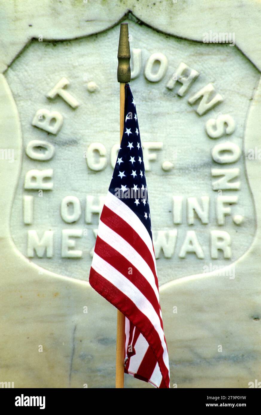 Headstone with American flag, Roseburg National Cemetery, Oregon Stock