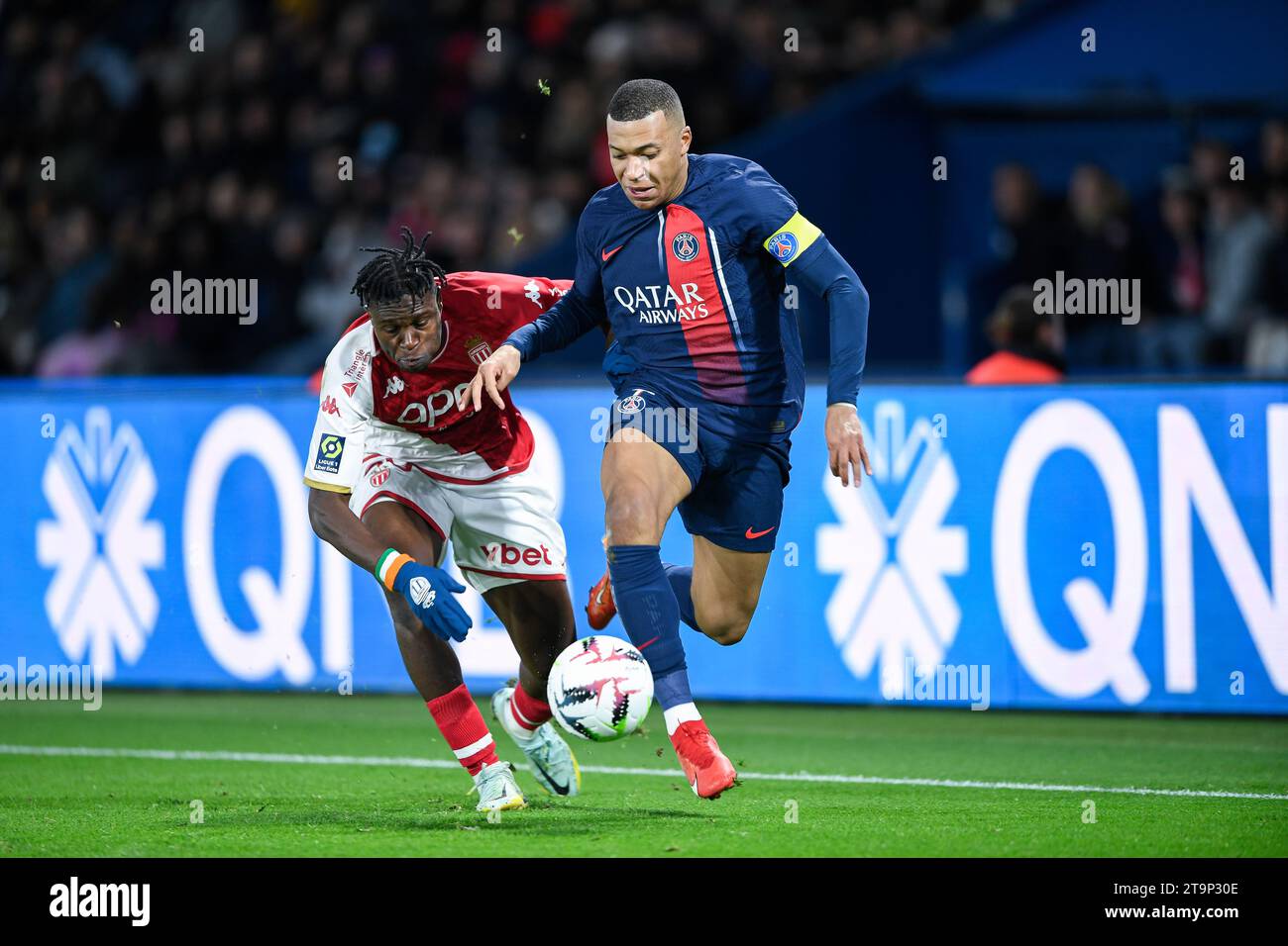 Wilfried Singo and Kylian Mbappe during the Ligue 1 football (soccer) match between Paris Saint-Germain PSG and AS Monaco ASM at Parc des Princes in Paris, France, on November 24, 2023. Credit: Victor Joly/Alamy Live News Stock Photo