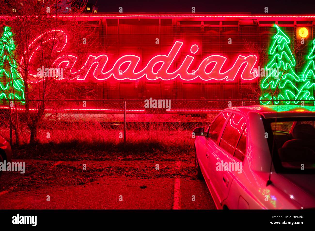 The CPKC, Canadian Pacific Holiday Train with Christmas decorations, Christmas lights in London, Ontario, Canada Stock Photo