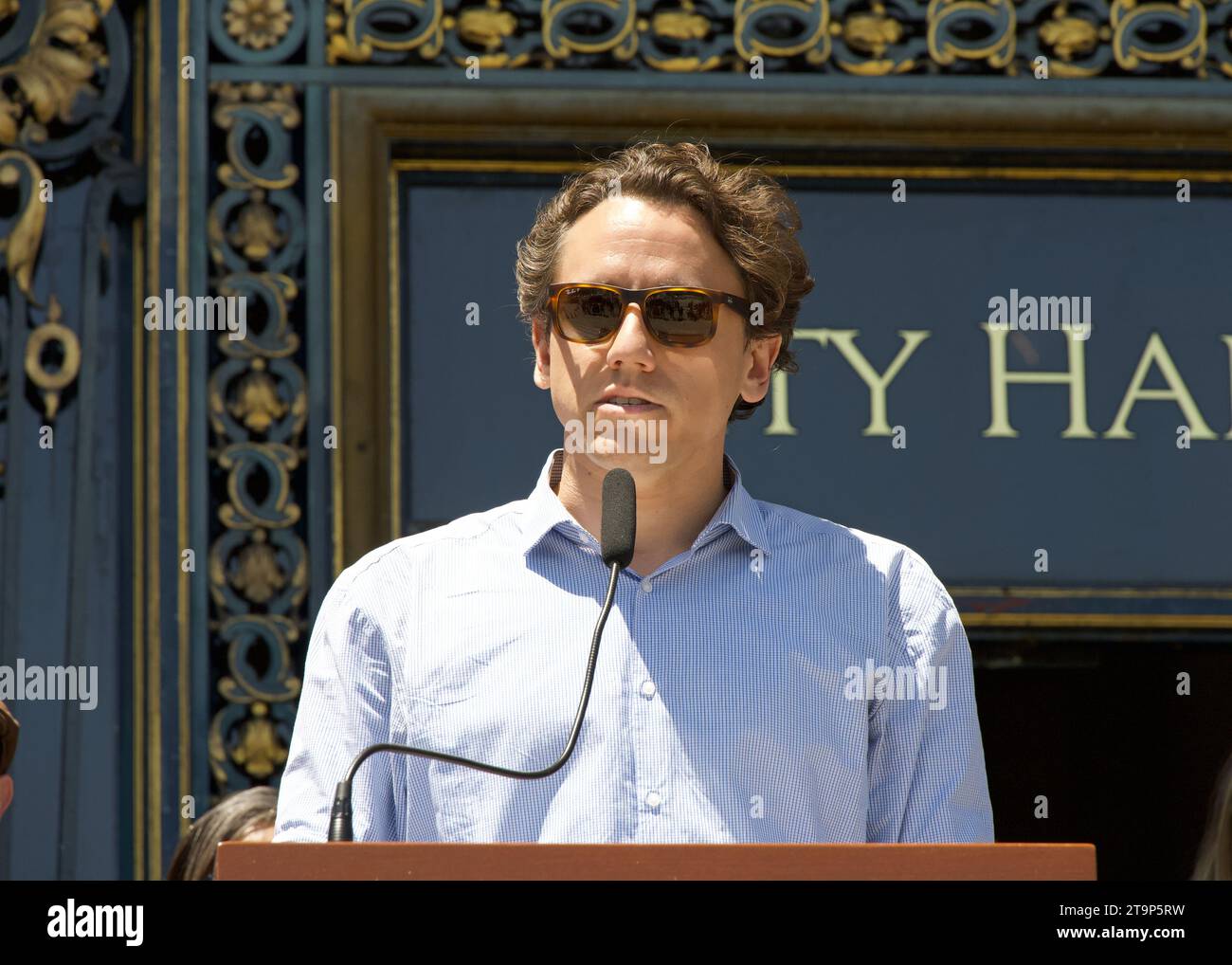San Francisco, CA - June 29, 2023:  Cory Smith, exec director of the Action Housing Coalition speaking at a press conf on the steps of City Hall prior Stock Photo