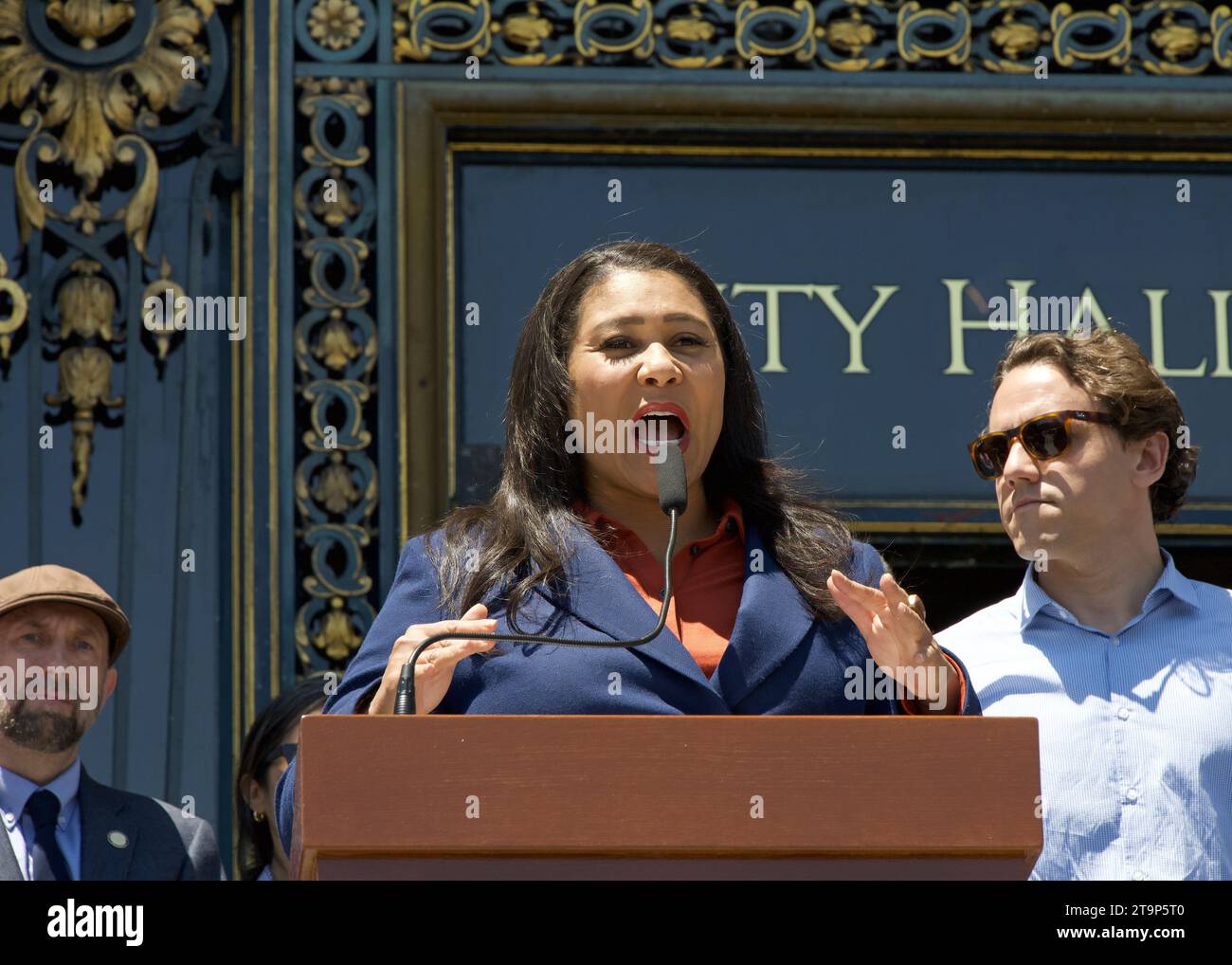 San Francisco, CA - June 29, 2023:  Mayor London Breed speaking at a press conference on the steps of City Hall prior to the Planning Commission meeti Stock Photo