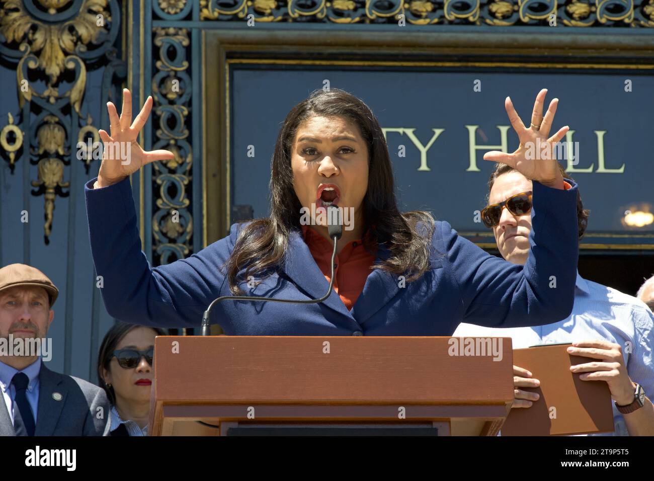 San Francisco, CA - June 29, 2023:  Mayor London Breed speaking at a press conference on the steps of City Hall prior to the Planning Commission meeti Stock Photo