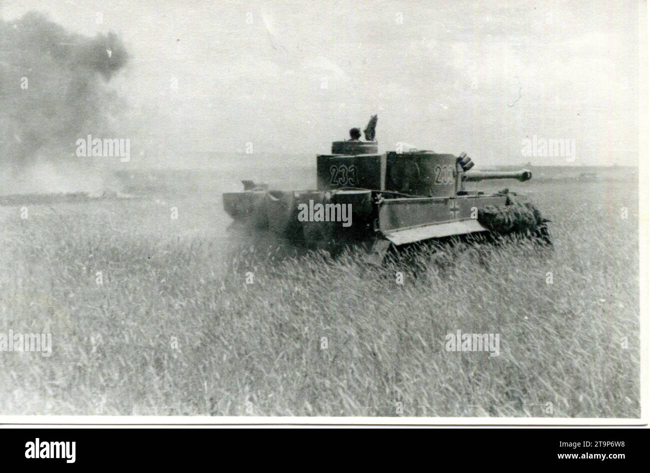 World War Two B&W Photo A German Tiger Tank advances under fire on the Russian Front during the Kursk Offensive in 1943 Stock Photo