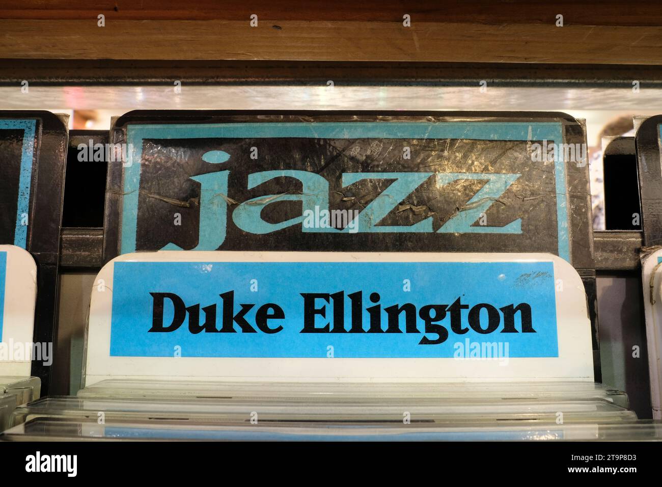 Duke Ellington label in the Amoeba Music store used CD section for the jazz music genre; San Francisco, California. Stock Photo
