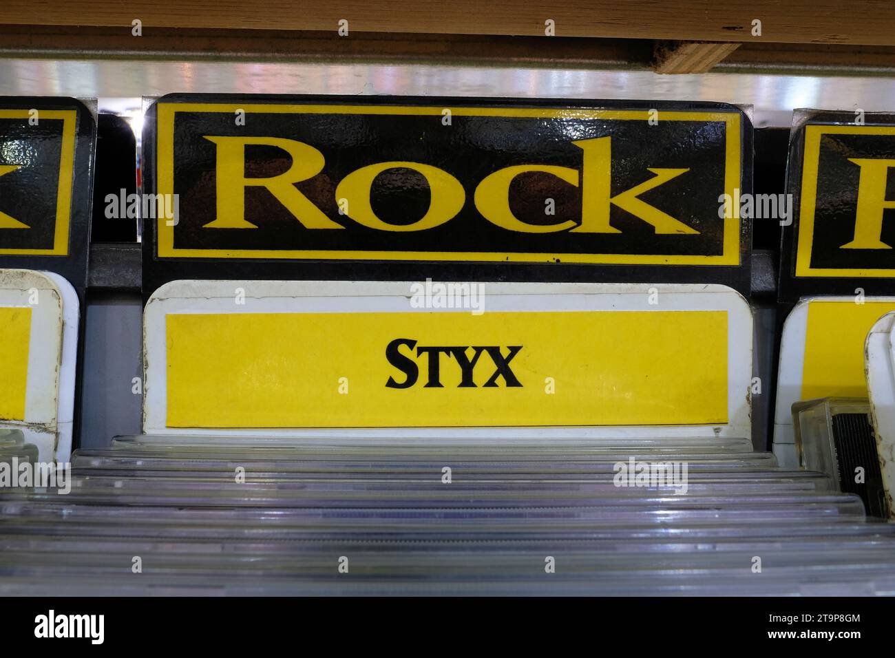 Styx label in the Amoeba Music store used CD section for the rock music genre; San Francisco, California. Stock Photo