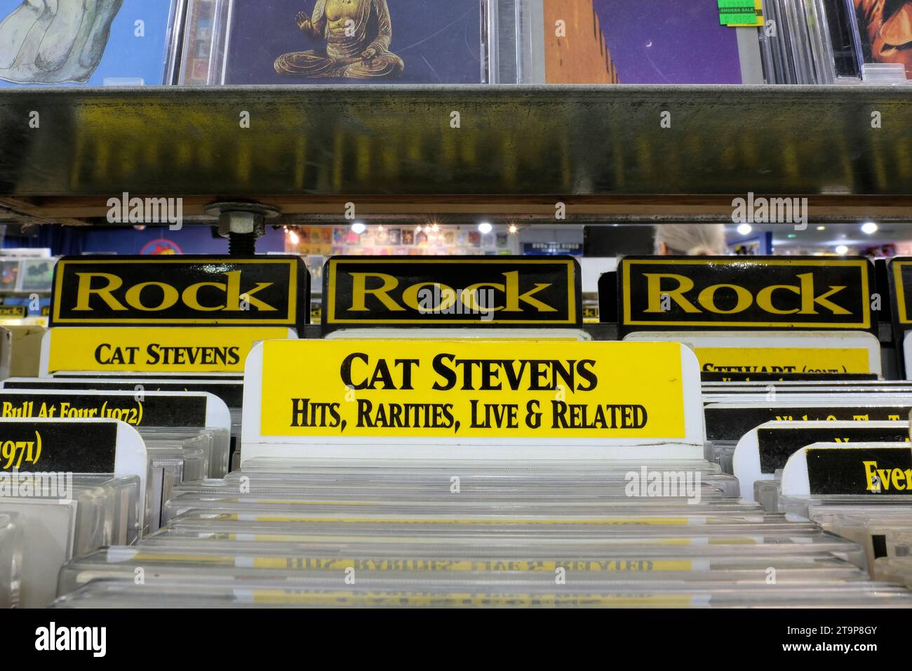 Cat Stevens hits, rarities and live music label in the Amoeba Music store used CD section for the rock music genre; San Francisco, California. Stock Photo